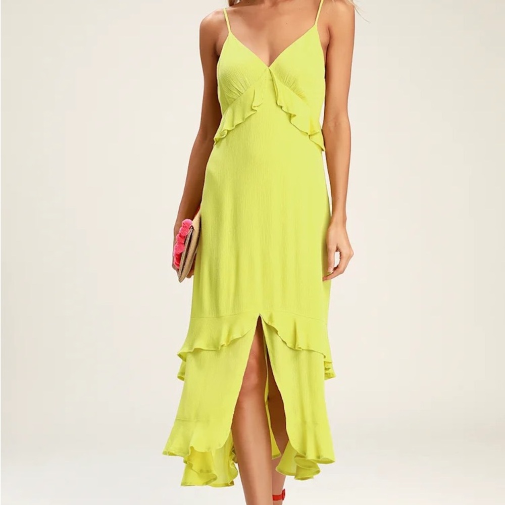 NWT Lulu's Island Time Lime Green Ruffled Midi Dress